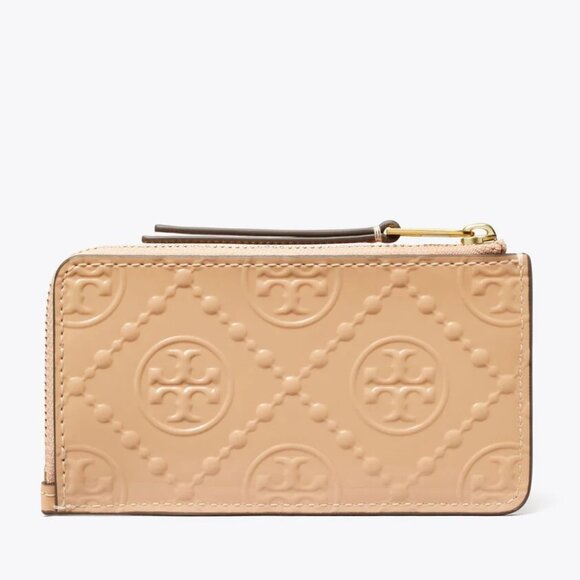 EUC Tory Burch T Monogram Embossed Patent Leather Card Wallet Light Peach Beige - Picture 2 of 5